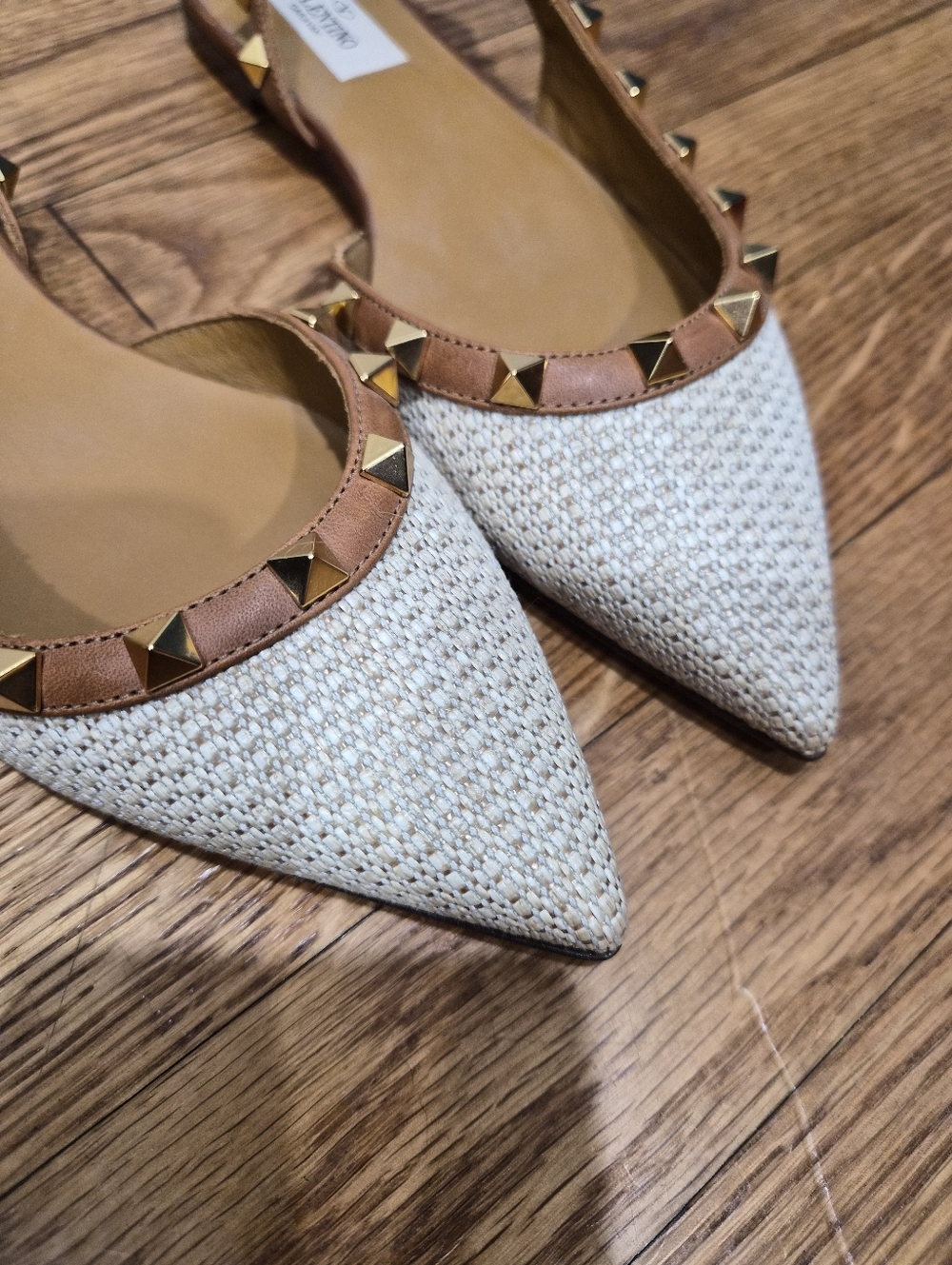 Valentino Garavani Rockstud Raffia Slingback Flats Nude Tan Leather NIB Sz 36 - Picture 10 of 16